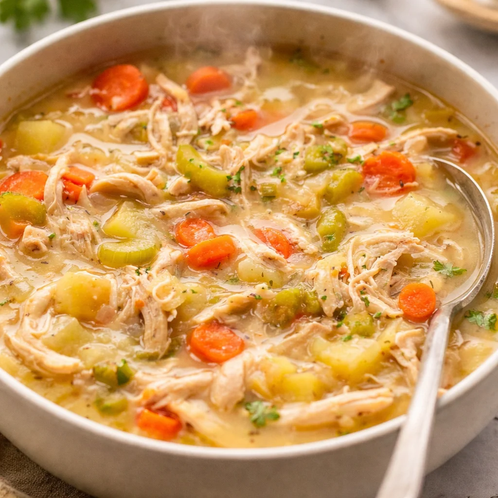 High Protein Chicken Pot Pie Soup with vegetables in a bowl, healthy and comforting dish.