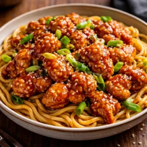 Sticky Garlic Chicken Noodles with vibrant vegetables and savory sauce ready to serve.