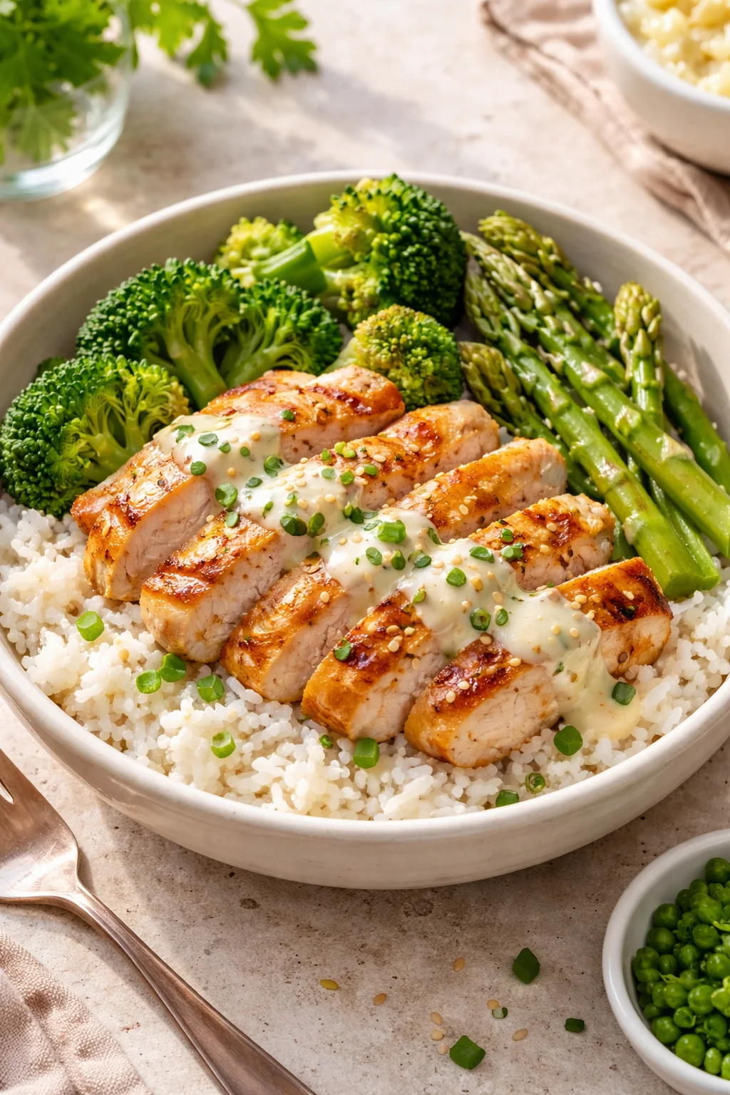 Savor the Flavor: Grilled Chicken & Broccoli Bowls with Creamy Garlic Sauce