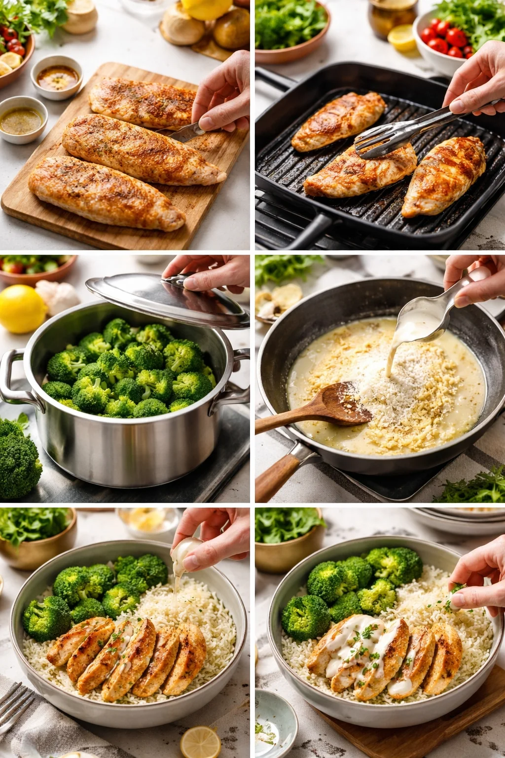 Grilled Chicken & Broccoli Bowls with Creamy Garlic Sauce