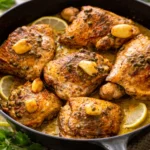 Crispy Lemon Garlic Chicken Thighs with golden brown skin and fresh herbs