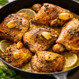 Crispy Lemon Garlic Chicken Thighs with golden brown skin and fresh herbs
