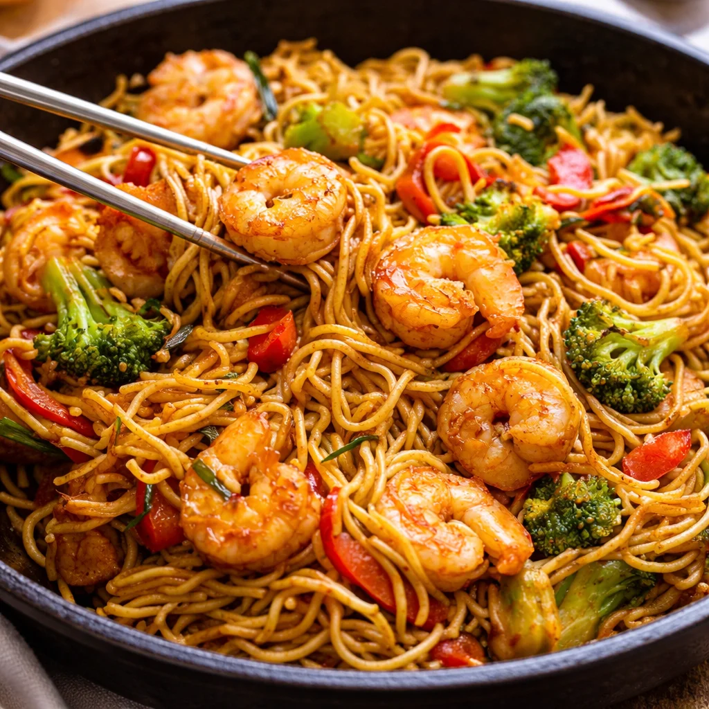 Delicious Shrimp Stir Fry with Noodles, fresh veggies, and spicy sauce served on a plate.