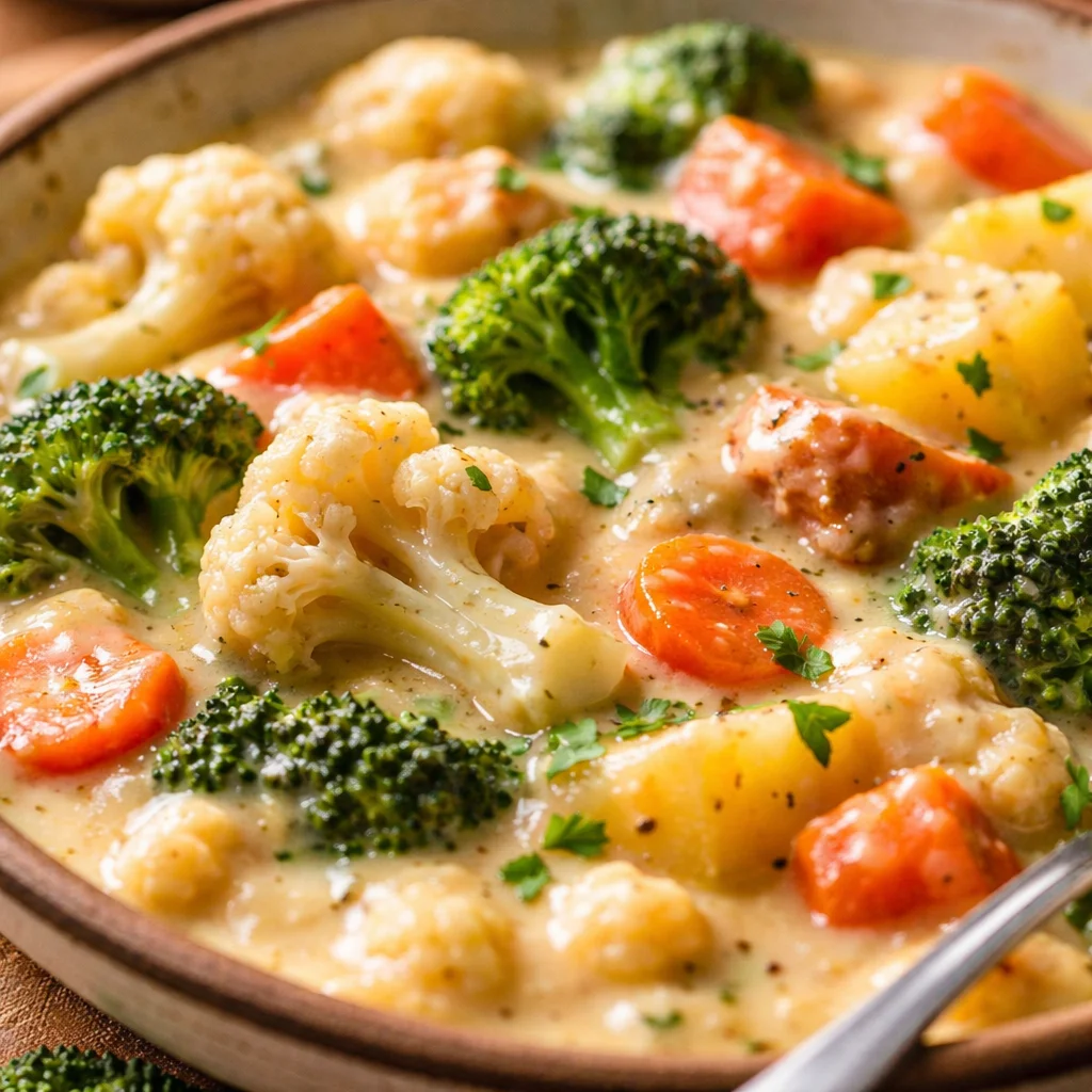 Creamy Winter Vegetable Casserole with mixed vegetables baked in cheese sauce.