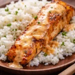 Crispy Bang Bang Salmon bites served in a bowl with avocado and cucumber.