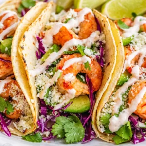 Delicious easy shrimp tacos topped with cabbage and creamy cilantro sauce on a plate.