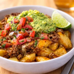 Loaded Potato Taco Bowl with roasted potatoes, spiced beef, and fresh toppings