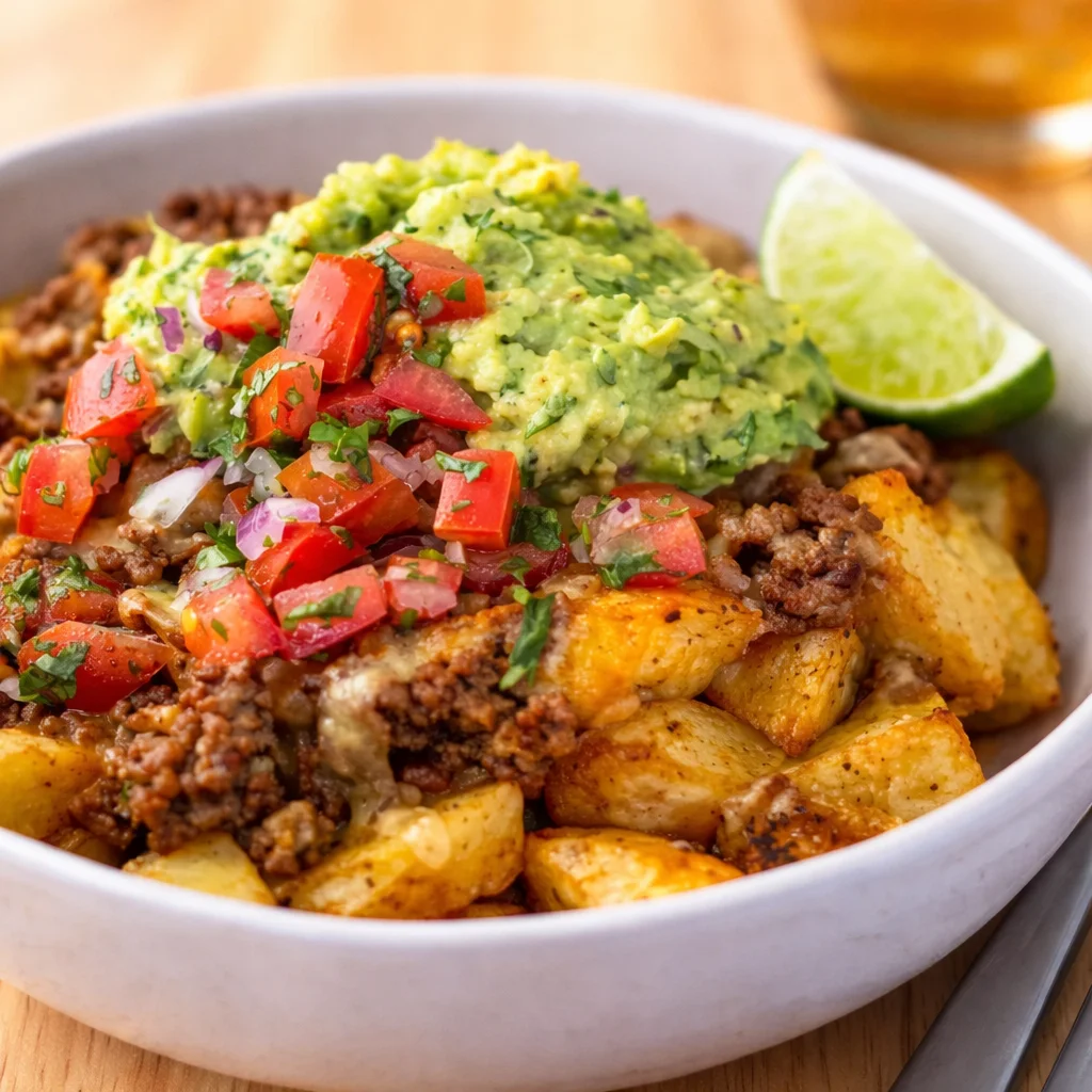Loaded Potato Taco Bowl with roasted potatoes, spiced beef, and fresh toppings