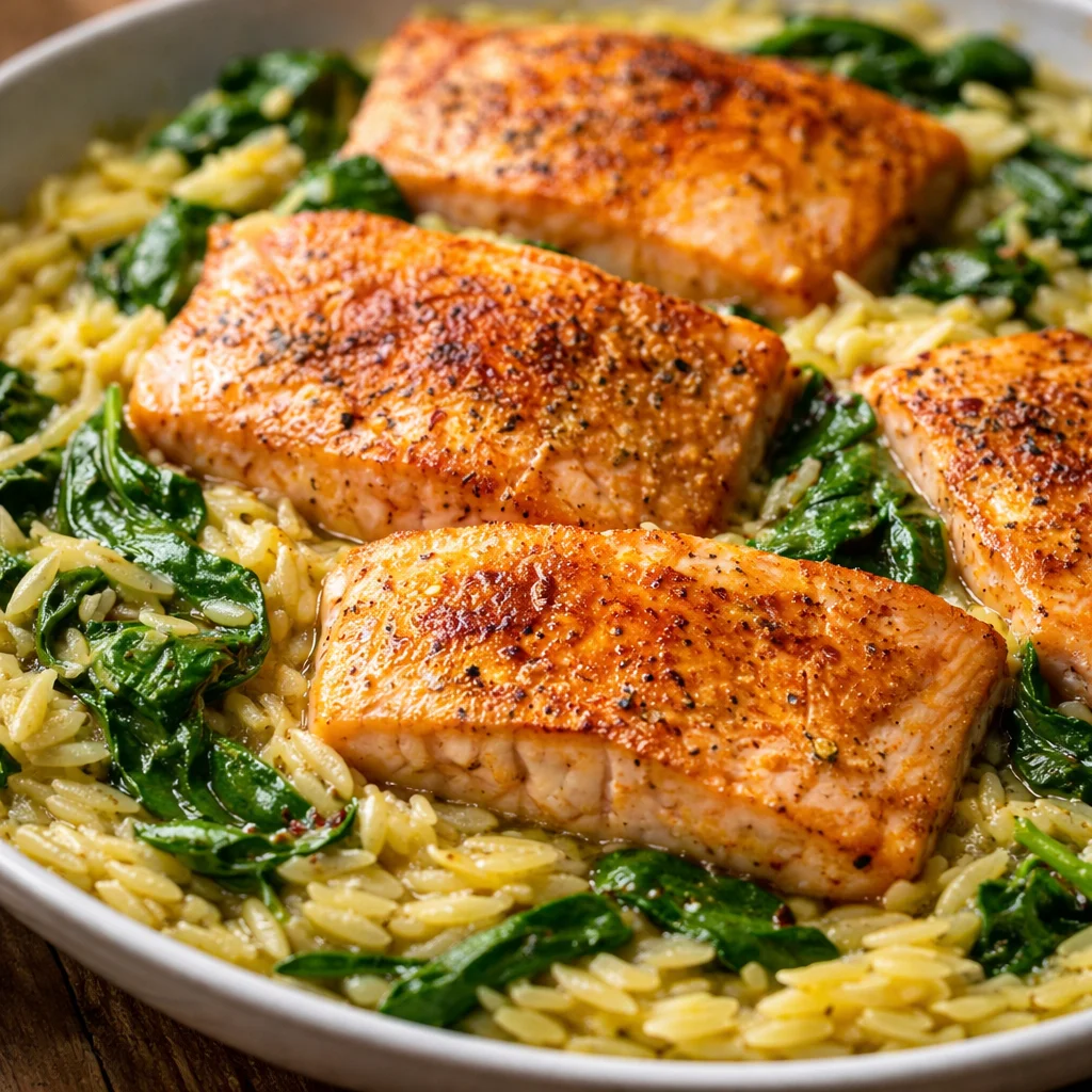 One Skillet Salmon with Lemon Orzo, cooked with spinach and Parmesan in one pan.