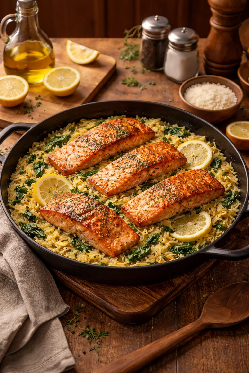 One Skillet Salmon with Lemon Orzo