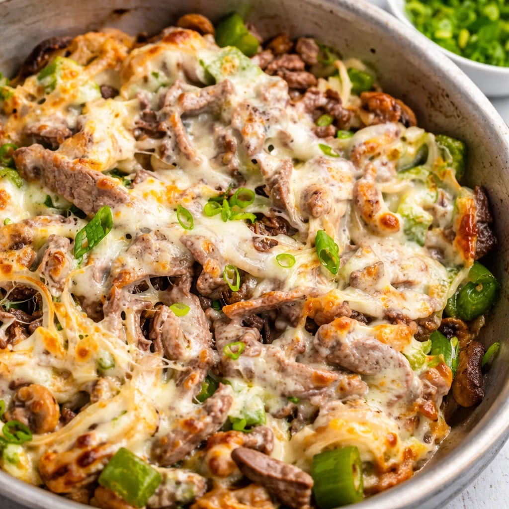 Delicious Philly Cheesesteak Bowls featuring sautéed beef, peppers, and onions.