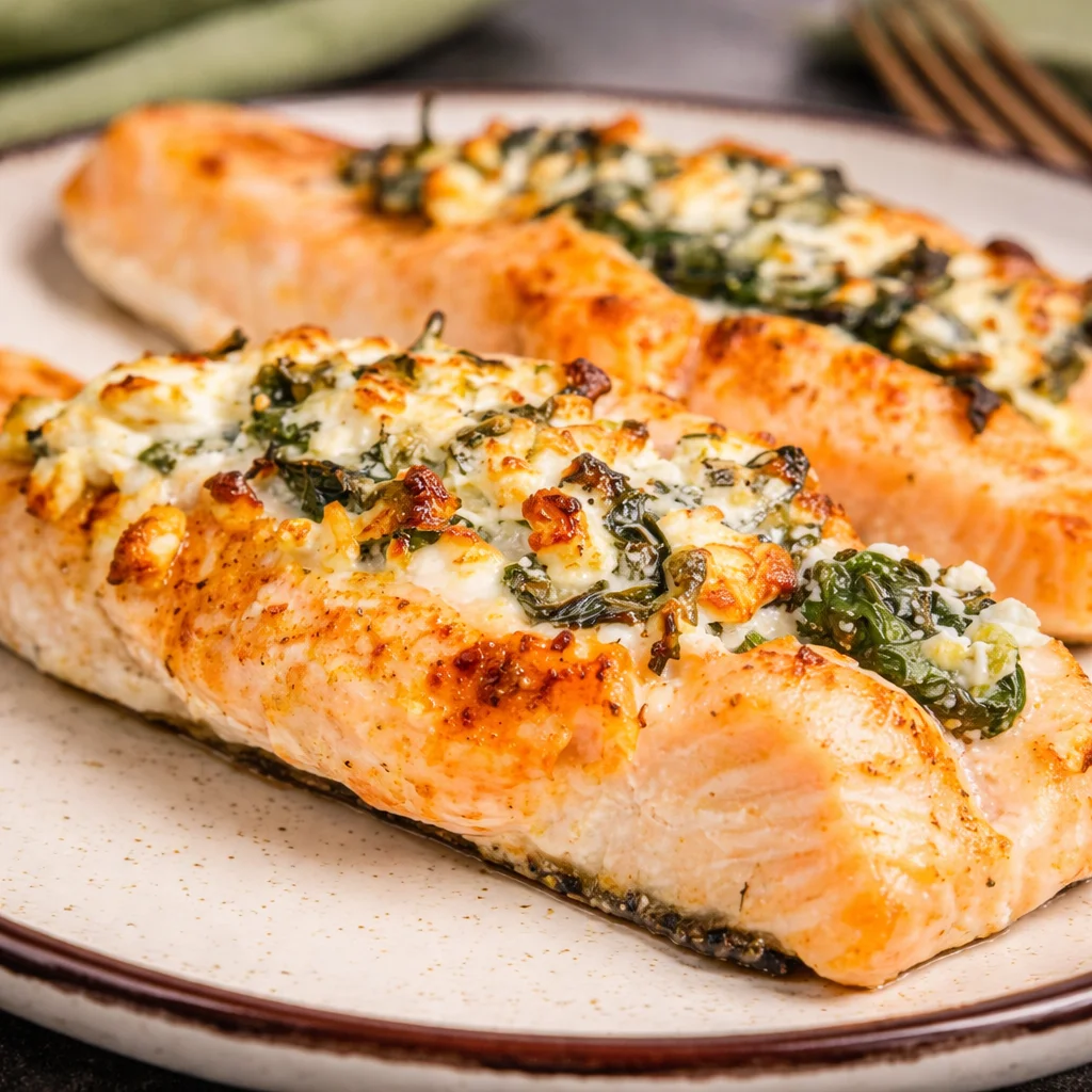 Delicious Stuffed Salmon With Spinach & Feta, ready in under 30 minutes.