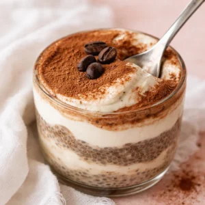 Delicious Tiramisu Chia Pudding with Greek Yogurt, coffee, and cocoa powder layers.