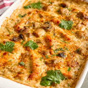 Creamy Low Carb Chicken Casserole with chicken, mushrooms, and cheese sauce