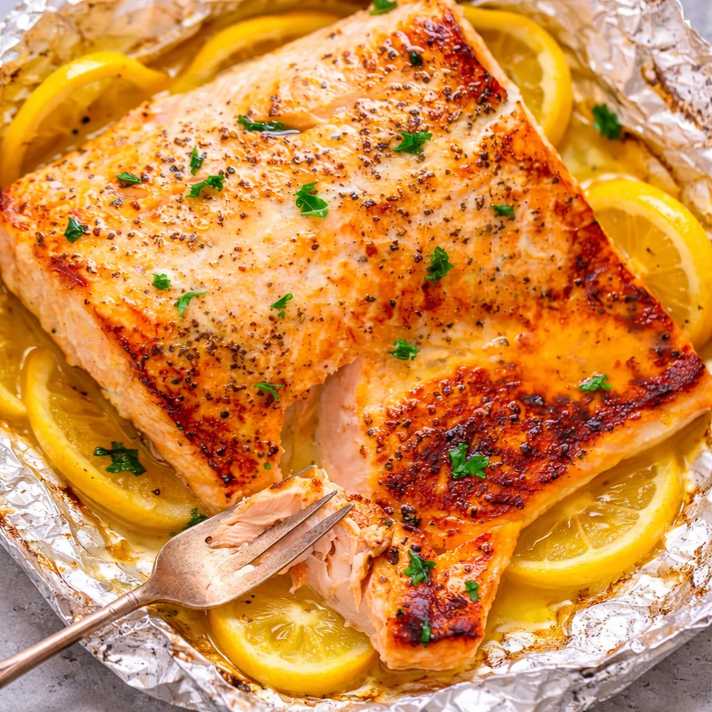 Delicious Sheet Pan Lemon Garlic Butter Salmon with asparagus and baby potatoes.