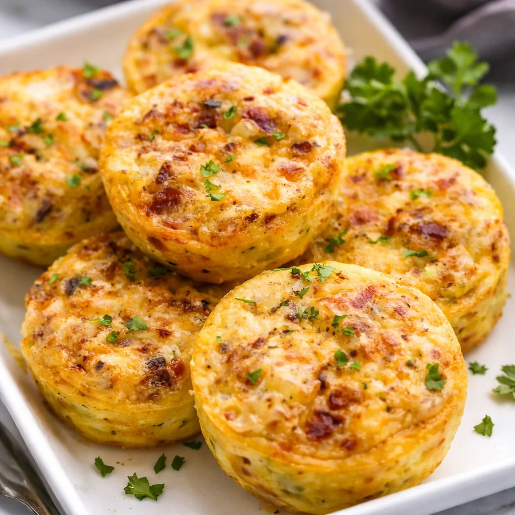 A plate of cheesy muffin tin cottage cheese egg bites topped with herbs.