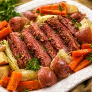 Corned beef and cabbage dish prepared without beer, ideal for St. Patrick's Day.