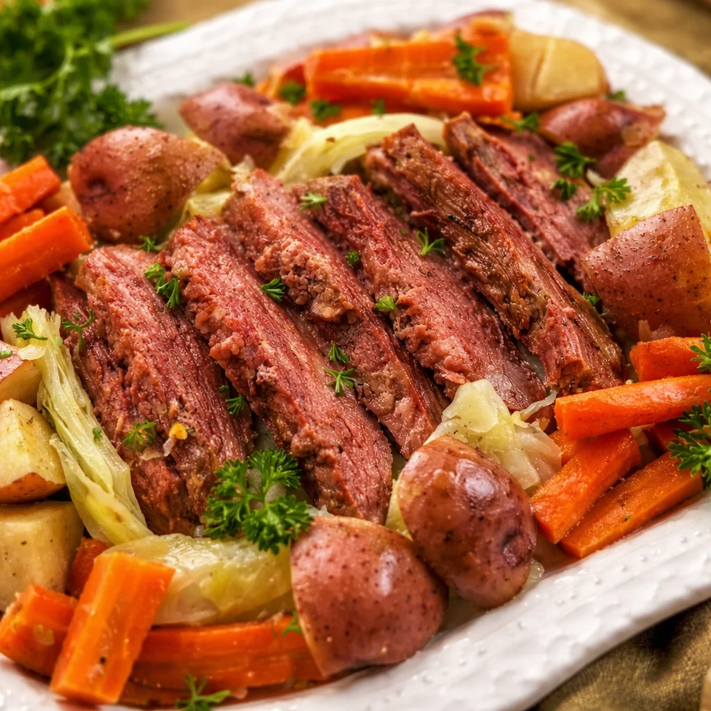 Corned beef and cabbage dish prepared without beer, ideal for St. Patrick's Day.