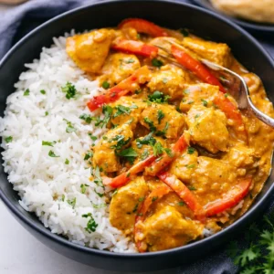Easy Coconut Chicken Rice Bowl with fresh vegetables and creamy coconut sauce