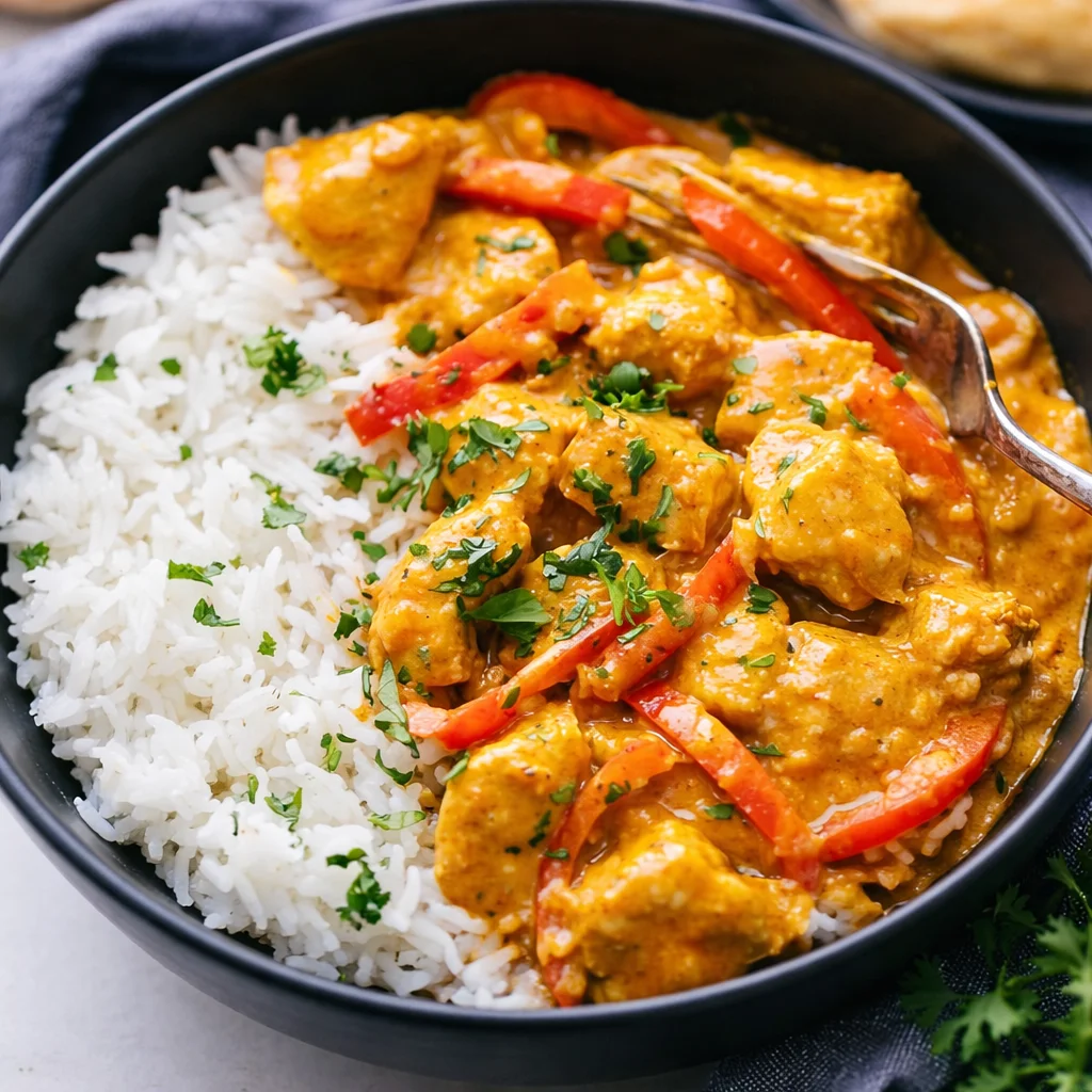 Easy Coconut Chicken Rice Bowl with fresh vegetables and creamy coconut sauce
