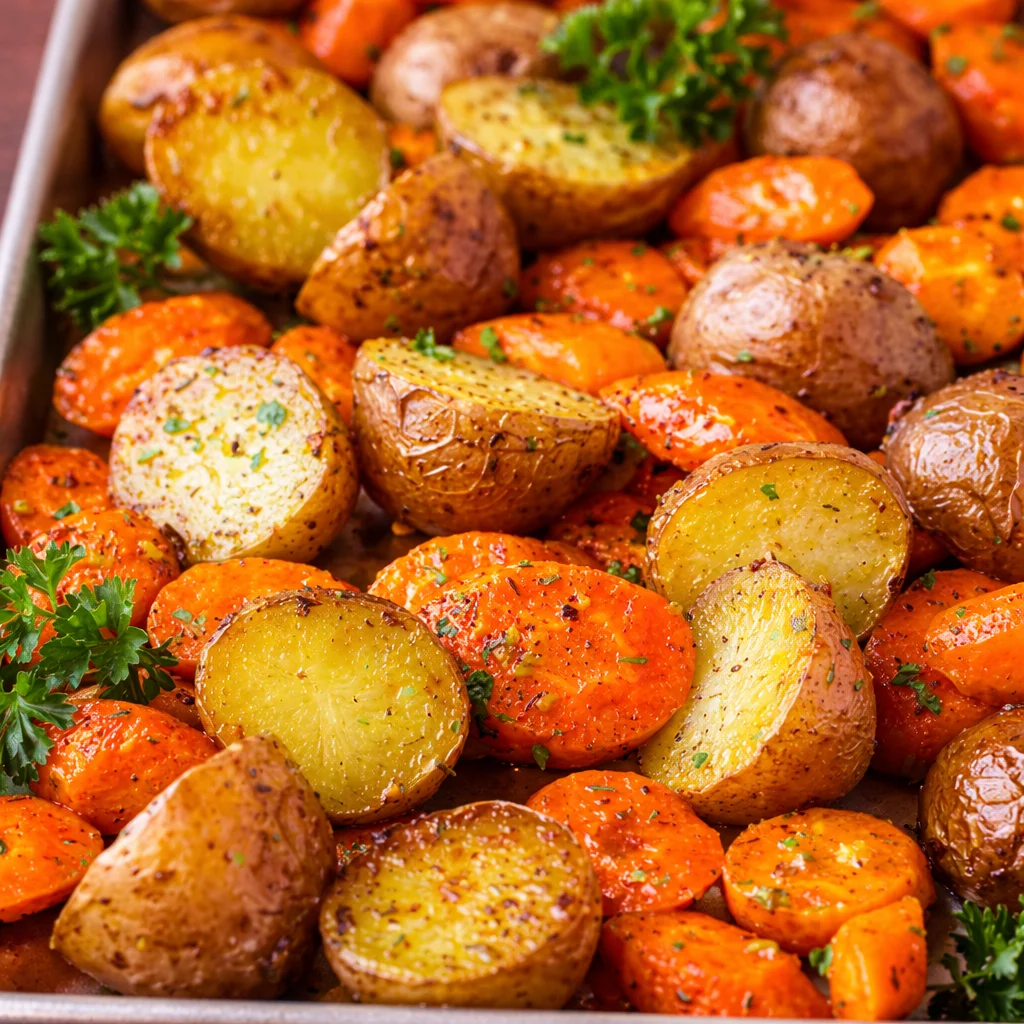 Garlic Herb Roasted Potatoes and Veggies garnished with fresh herbs