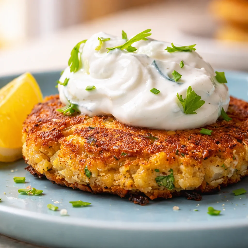 Mediterranean Lemon Chickpea Patties served with a creamy yogurt sauce