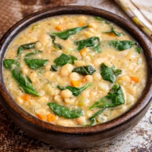 A bowl of High Protein White Bean Soup served with rustic bread and herbs.