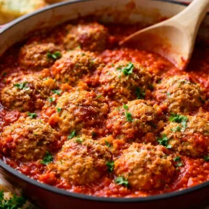 Oven-baked Turkey Ricotta Meatballs served with lemon parmesan orzo.