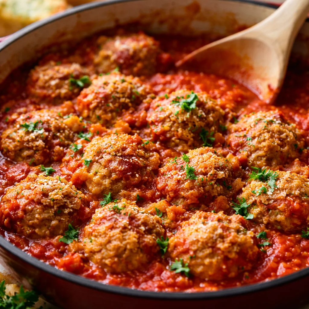 Oven-baked Turkey Ricotta Meatballs served with lemon parmesan orzo.