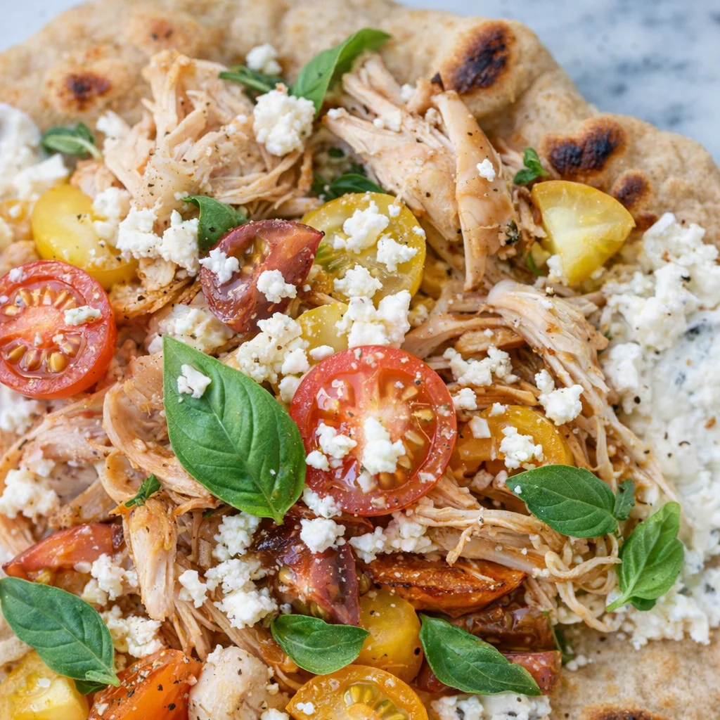 Crispy pita with chicken and feta served with tzatziki sauce and herbs.