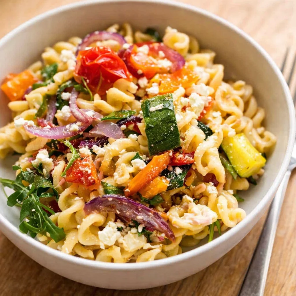 Creamy Veggie Pasta with Baked Feta and roasted vegetables in a bowl