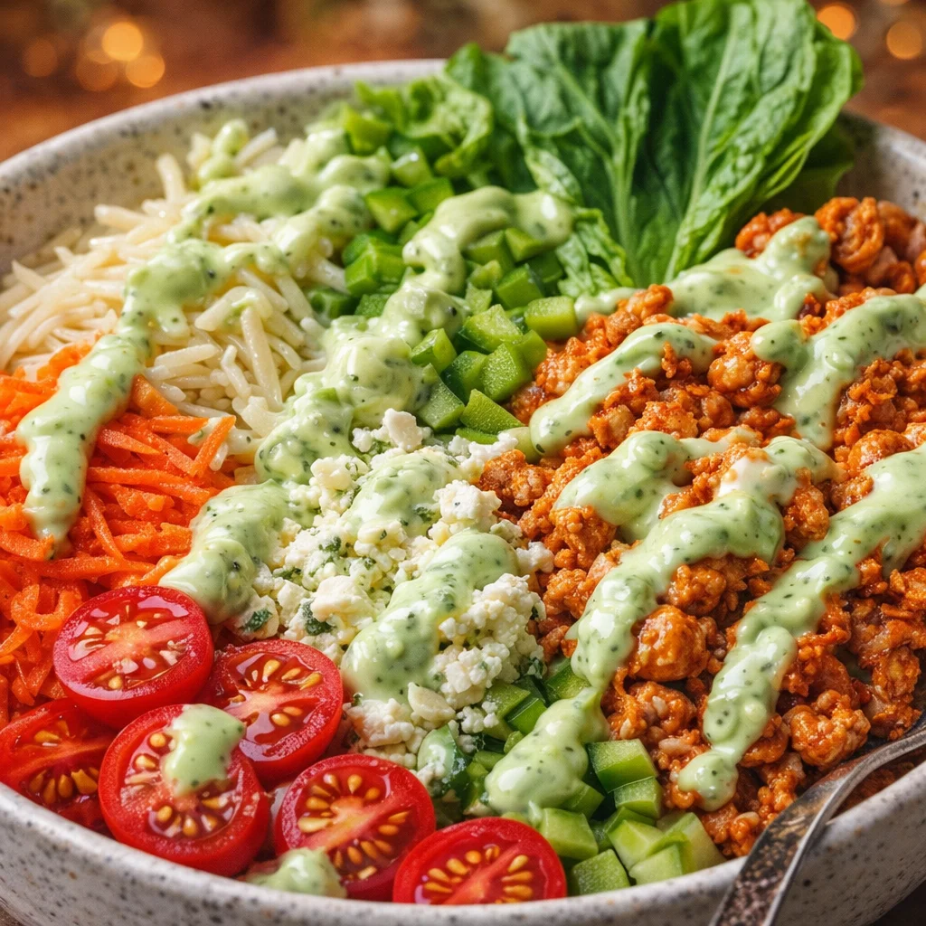 Buffalo Chicken Bowl with rice, veggies, and herby ranch dressing