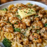 Cowboy Butter Lemon Bowtie Chicken with Broccoli in a skillet with herbs and pasta.