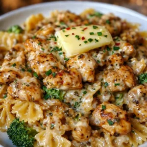 Cowboy Butter Lemon Bowtie Chicken with Broccoli in a skillet with herbs and pasta.