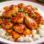 Delicious Irresistible Honey Garlic Chicken & Sweet Potato served on a plate.