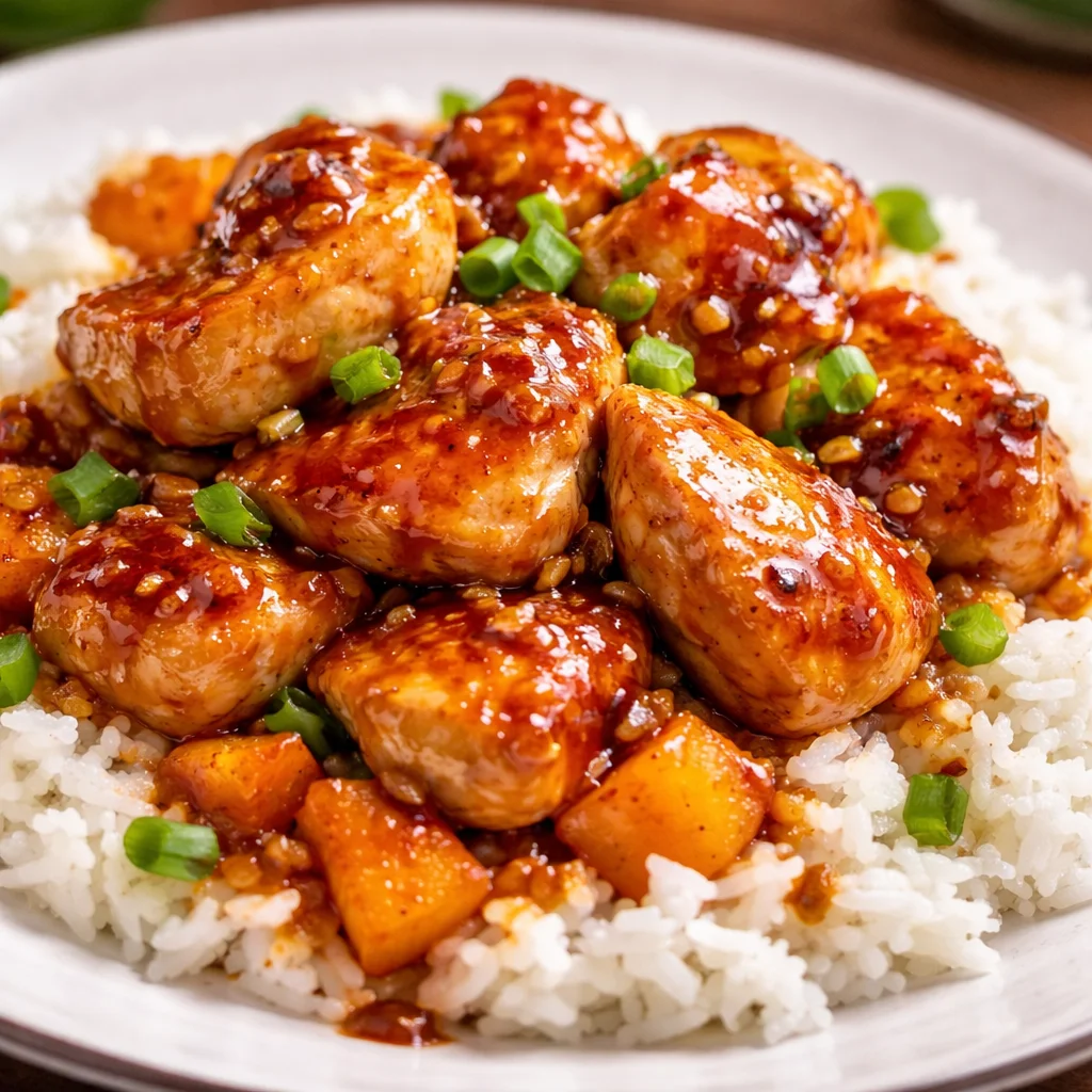 Delicious Irresistible Honey Garlic Chicken & Sweet Potato served on a plate.