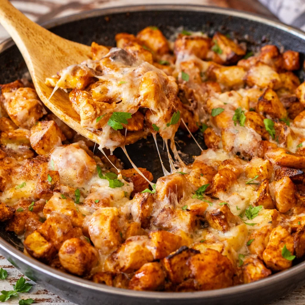 Delicious Sweet Potato Skillet with BBQ Chicken and melted cheese in a one-pan dish
