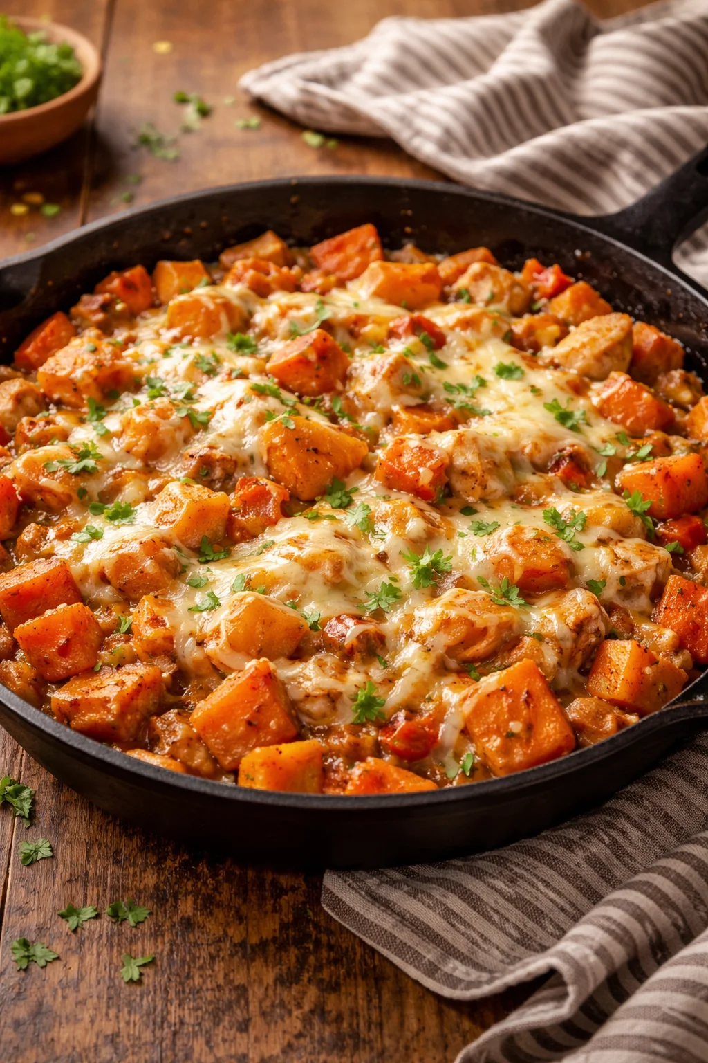 Sweet Potato Skillet with BBQ Chicken & Cheese