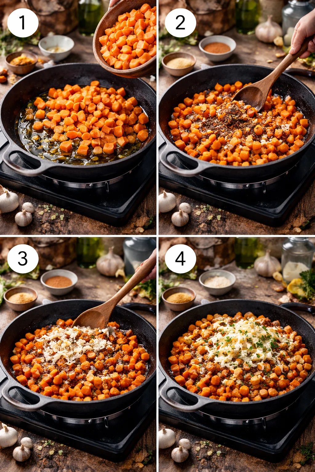 Sweet Potato Skillet with BBQ Chicken & Cheesy Goodness