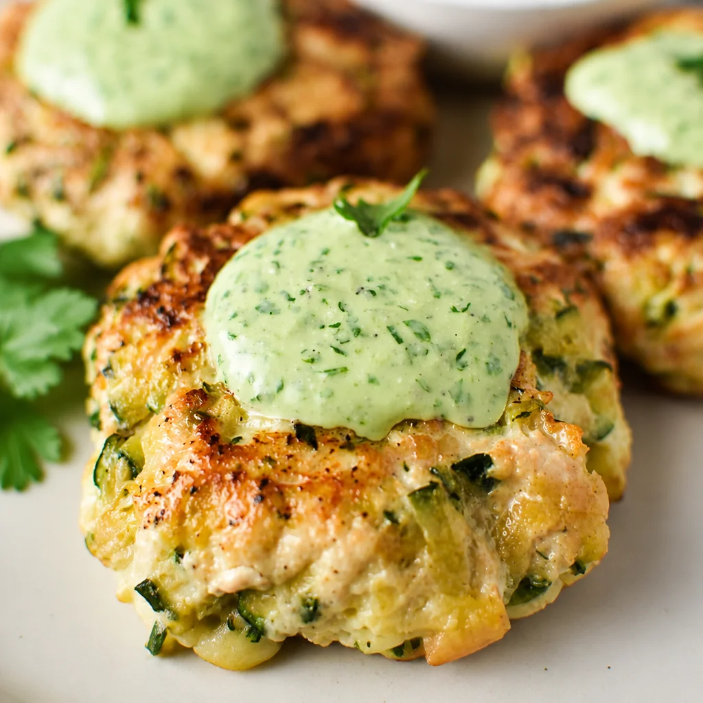 High Protein Chicken Zucchini Poppers served with creamy cilantro sauce