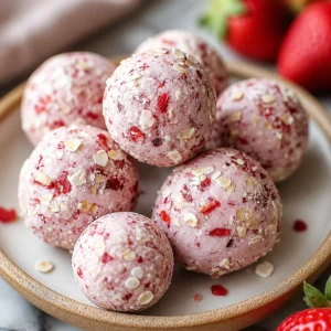 Delicious Strawberry Cheesecake Protein Balls made with natural ingredients.