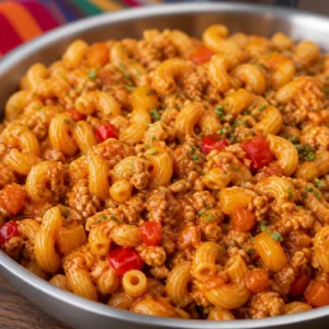 Delicious High Protein Taco Pasta served in a bowl, garnished with toppings.