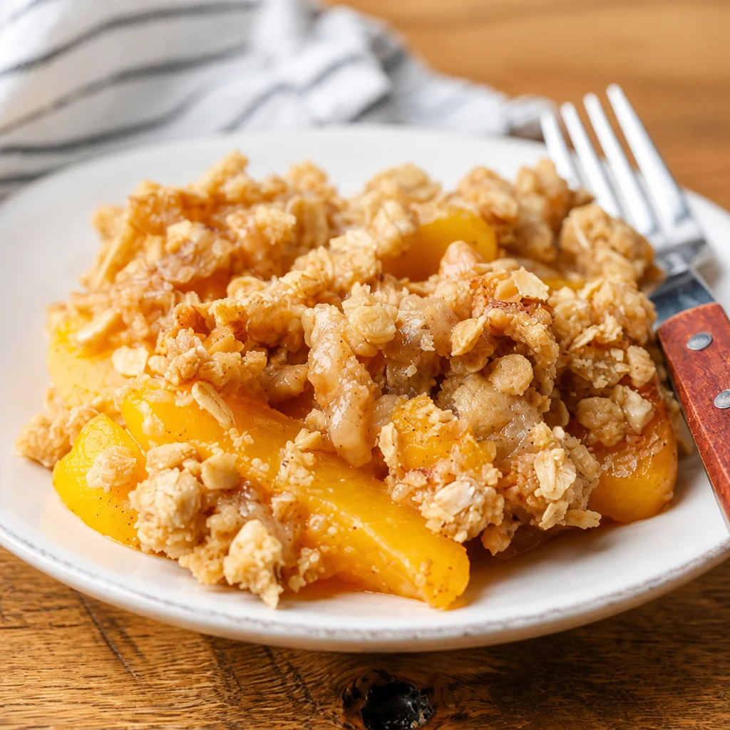 Delicious peach crisp with crunchy oat topping and juicy ripe peaches.