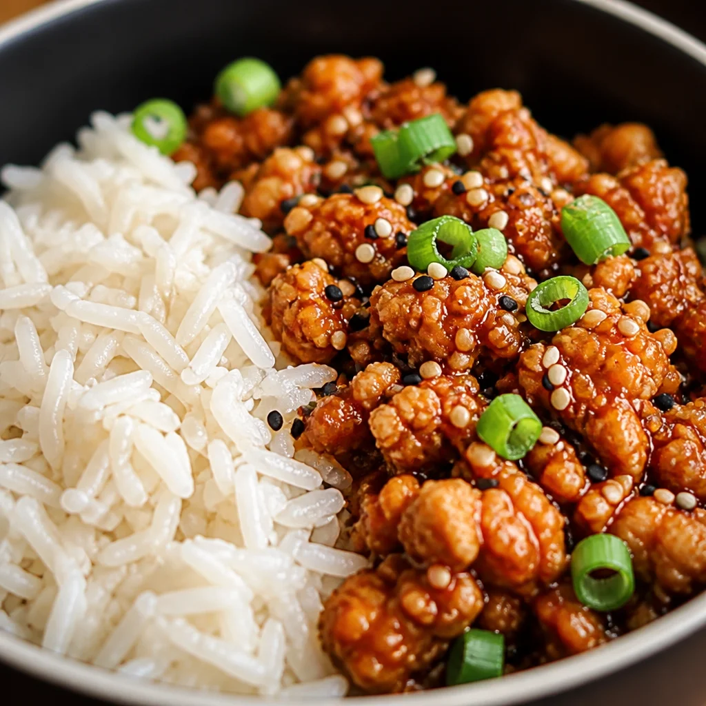 Delicious Firecracker Ground Chicken served with vegetables and rice for a high protein meal.