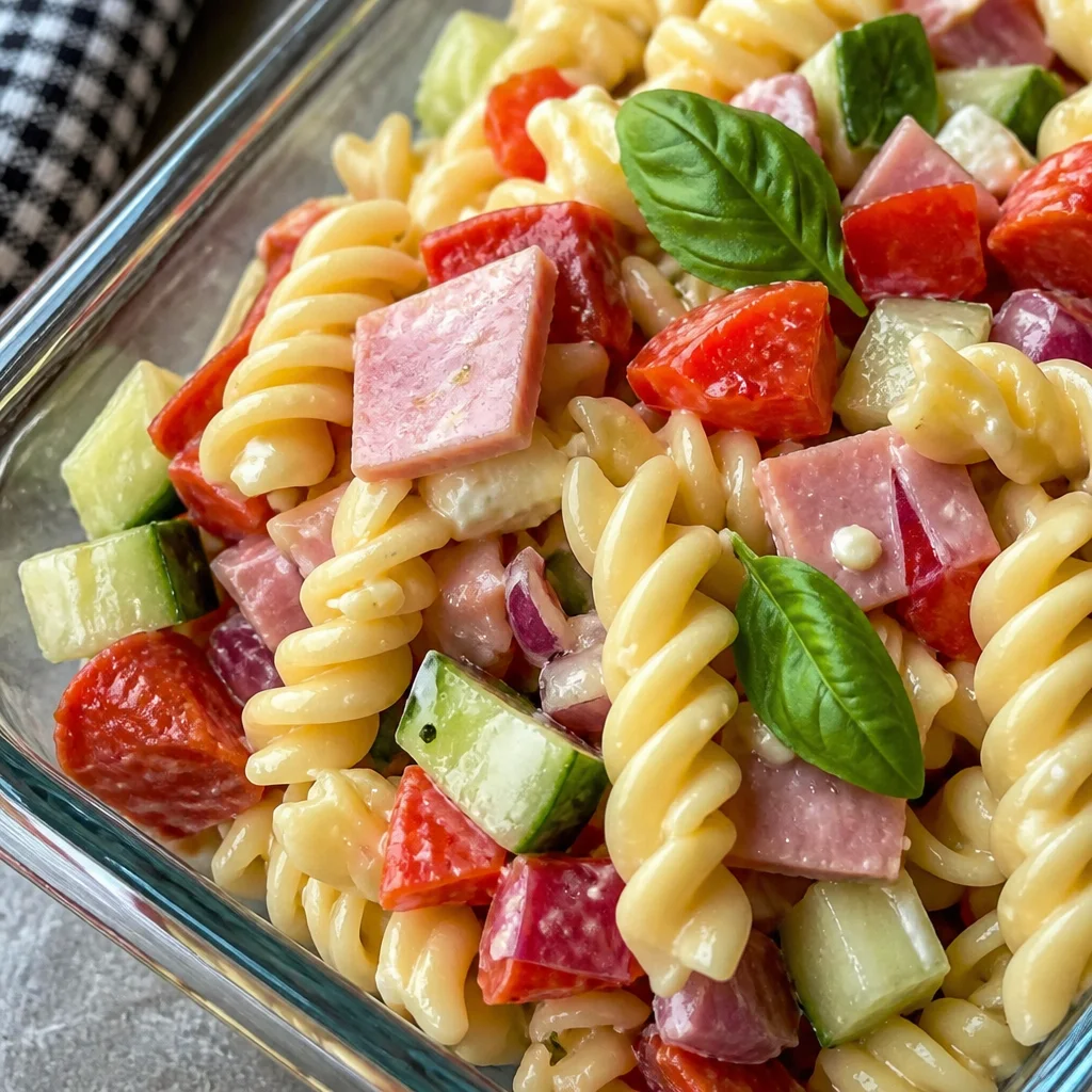 Colorful Easy High-Protein Italian Pasta Salad with fresh vegetables and pasta.