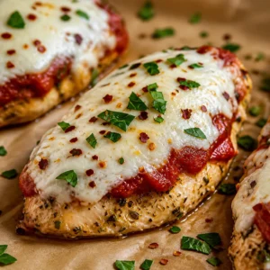 High Protein Chicken Parmesan with marinara sauce, melted cheese, and fresh herbs