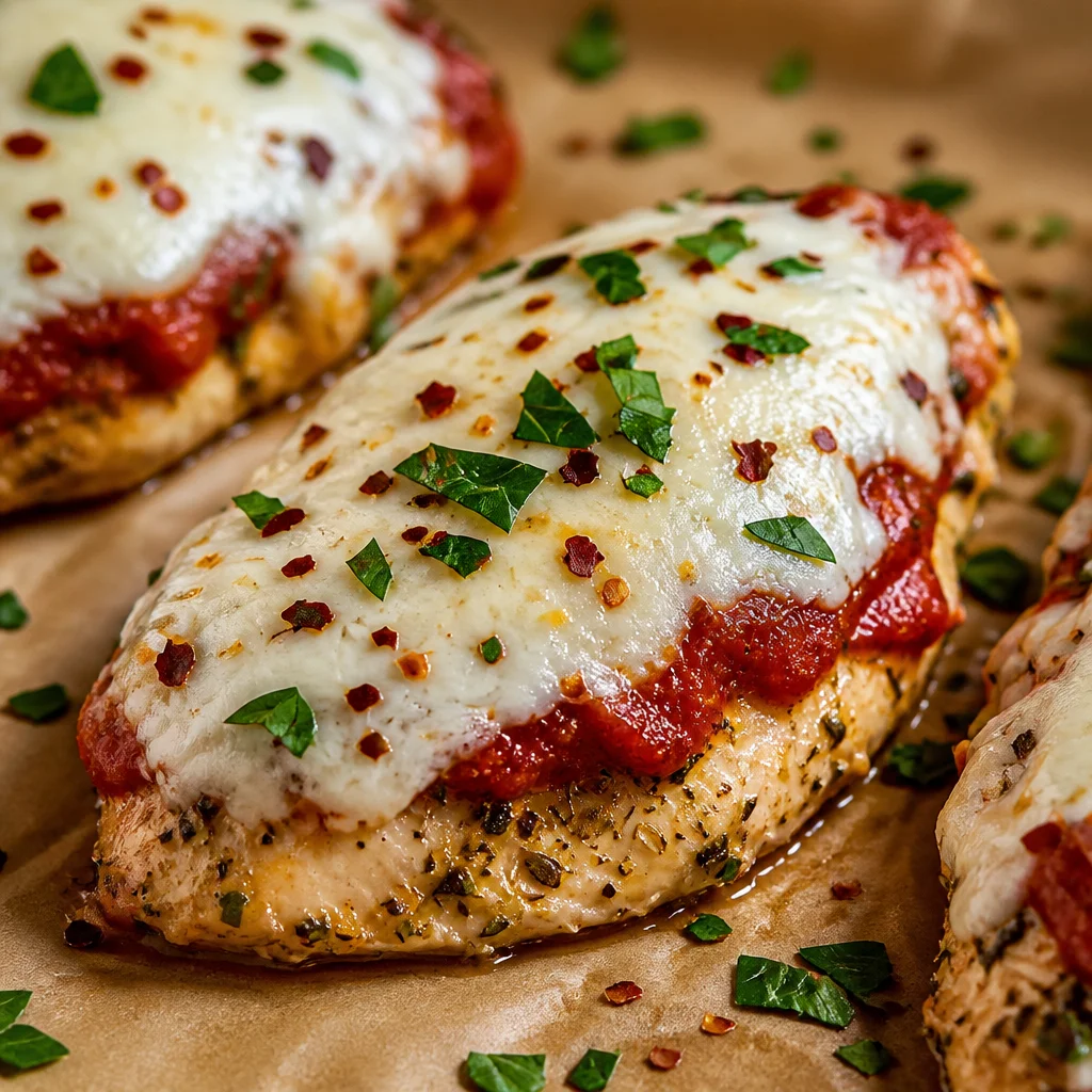 High Protein Chicken Parmesan with marinara sauce, melted cheese, and fresh herbs