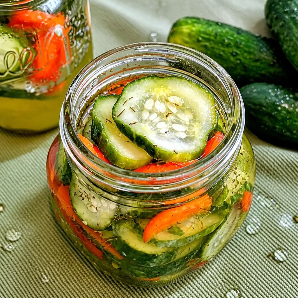 Sweet & Spicy Refrigerator Pickles in a jar, perfect for summer meals and easy to make.