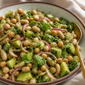 A colorful Marinated Cilantro Lime Bean Salad with vibrant herbs and creamy dressing.