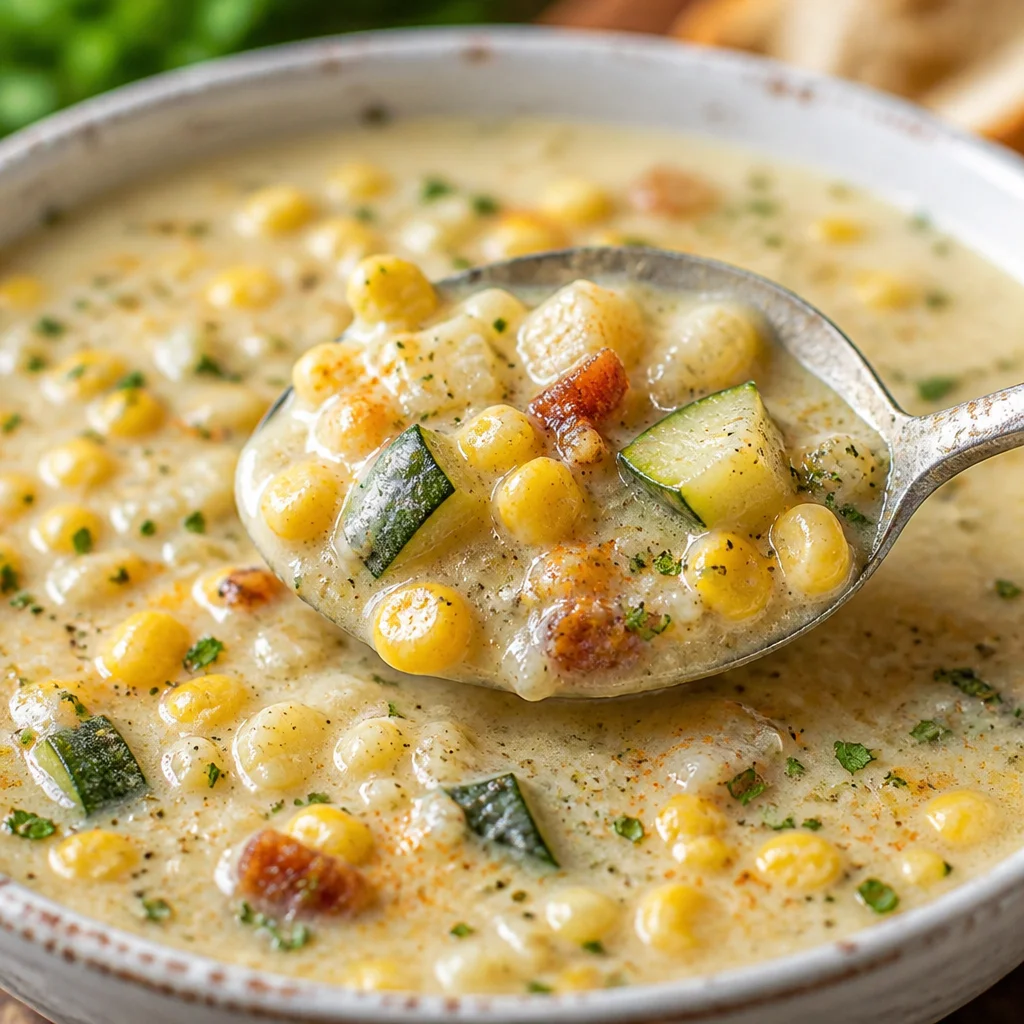 Creamy Summer Corn and Zucchini Chowder with fresh vegetables and bacon